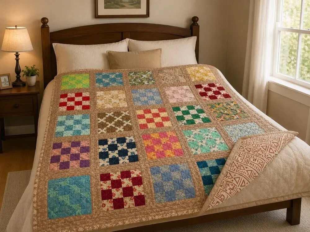 Vintage Handmade Reversible Patchwork Quilt - Checkerboard - Cottagecore 76 x 76